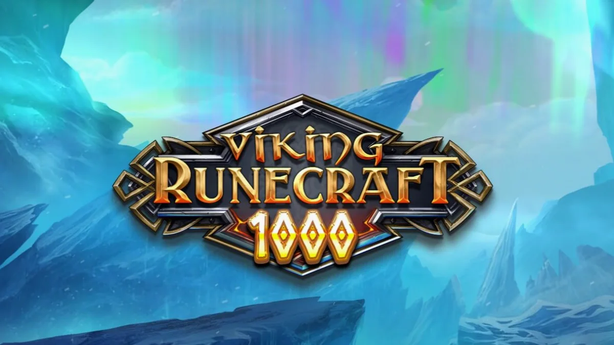 Cena de batalha nórdica com deuses e runas brilhantes no Viking Runecraft 1000